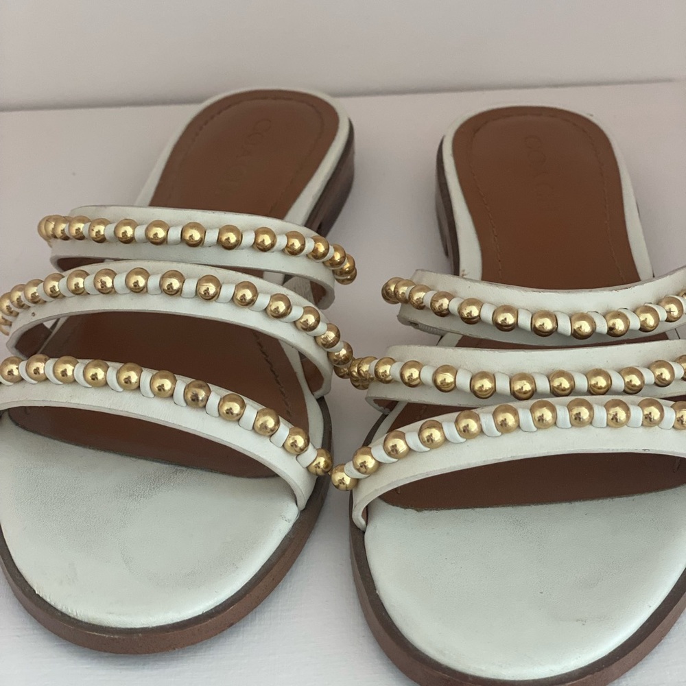 Coach Isla Sandals, white with gold beaded detail.